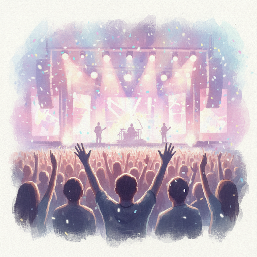 A concert crowd cheering in front of a stage with soft pink and purple lighting