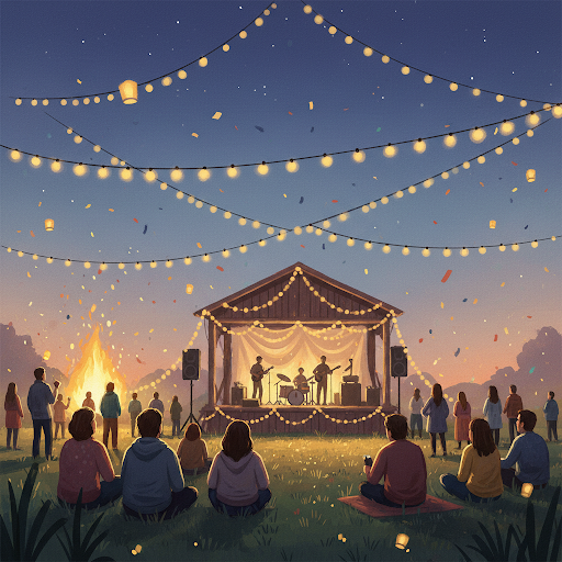 A celebratory outdoor festival with string lights and a small stage under a twilight sky