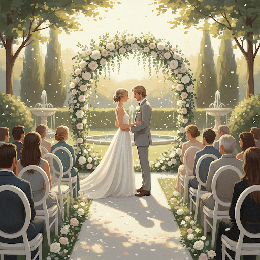 An elegant outdoor wedding ceremony with a couple at a floral gate, seen from behind by guests in a sun-drenched garden